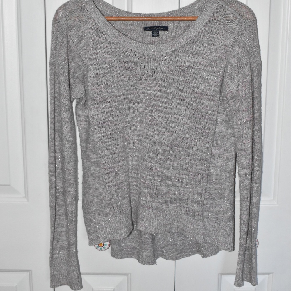 American Eagle Gray and Pink Sparkle Sweater